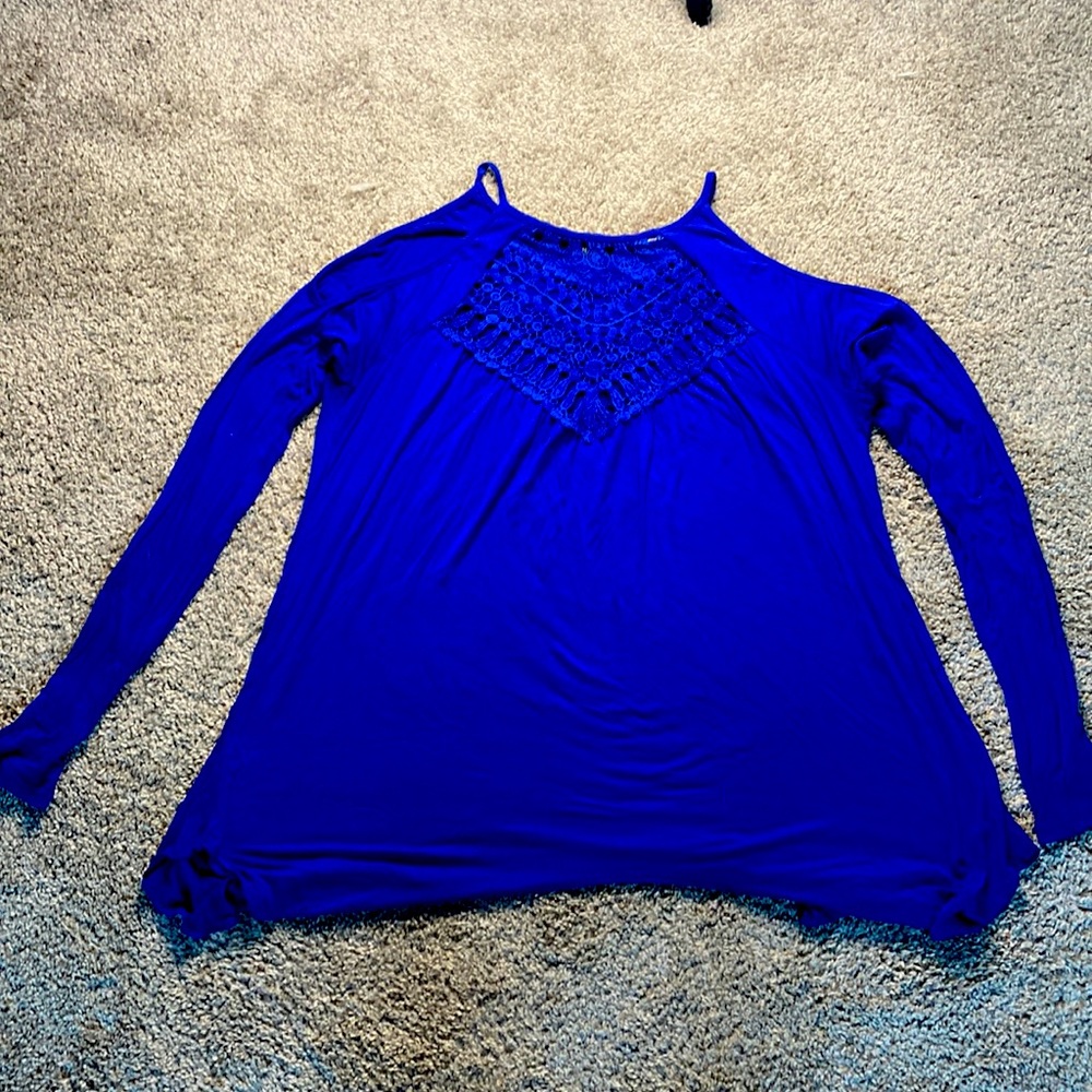 Blue long sleeve shoulder cut out shirt